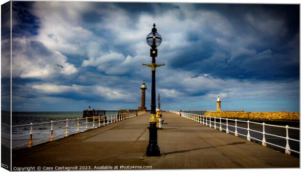 Whitby Lamps, piers, and Sunshine Canvas Print by Cass Castagnoli