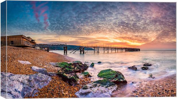 Totland Pier Panorama Sunset Canvas Print by Wight Landscapes