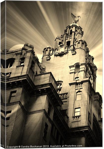 Liverpool Royal Liver Building in Sepia Canvas Print by Sandra Buchanan