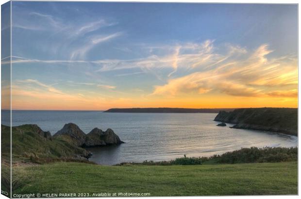 Sunset over Three Cliffs in Gower Canvas Print by HELEN PARKER