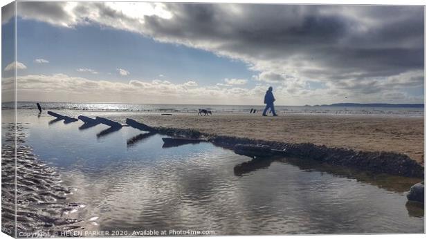 Beach Walker and dog Canvas Print by HELEN PARKER