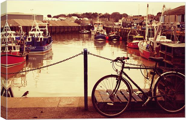Whitstable Boats, Bike and Bird Canvas Print by Karen Slade