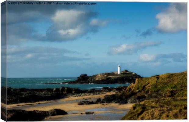  Godrevy Lighthouse and Beach Canvas Print by Mary Fletcher