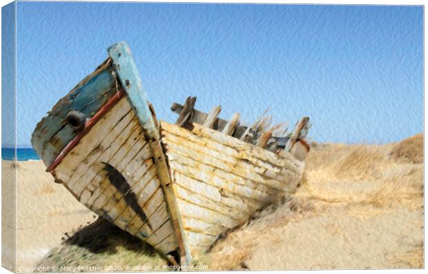 wrecked boat ashore in Crete Canvas Print by Mary Fletcher