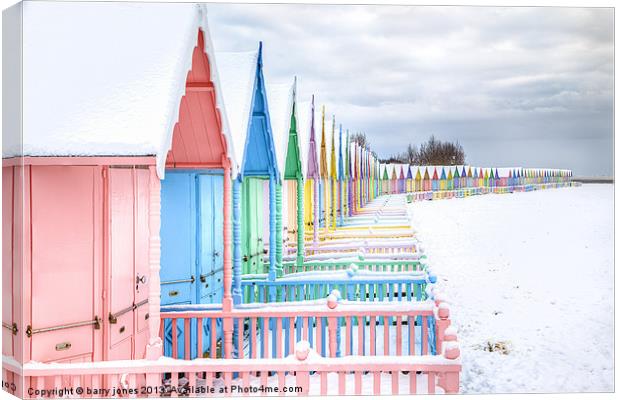 Mersea Huts In The Snow. Canvas Print by barry jones