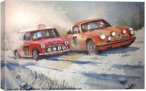 Racing in the 1967 Monte Carlo Rally Canvas Print by John Lowerson
