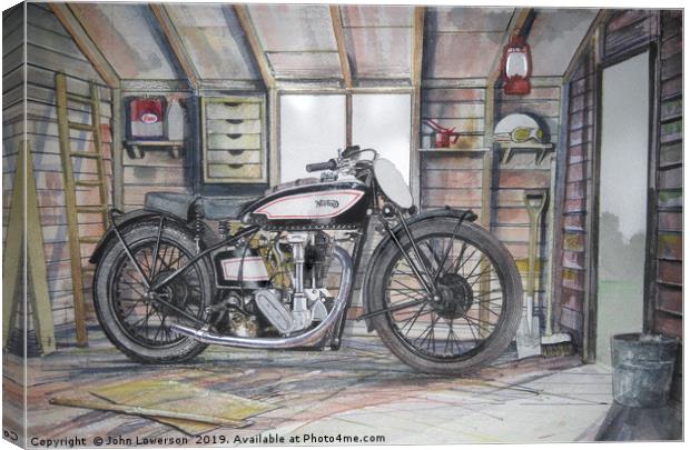 An Old motorcycle in the Shed Canvas Print by John Lowerson
