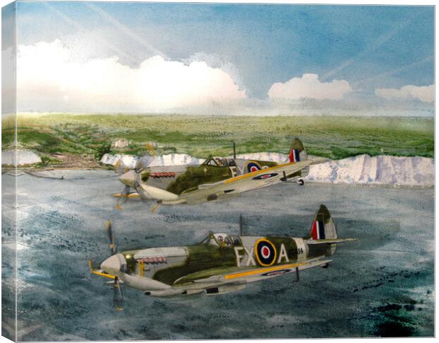 A Pair of Spitfires over The White Cliffs Canvas Print by John Lowerson