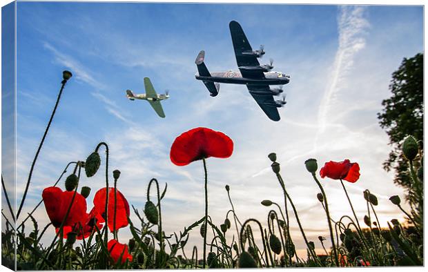 Lancaster & Spitfire over Poppy Field Canvas Print by Robert  Radford