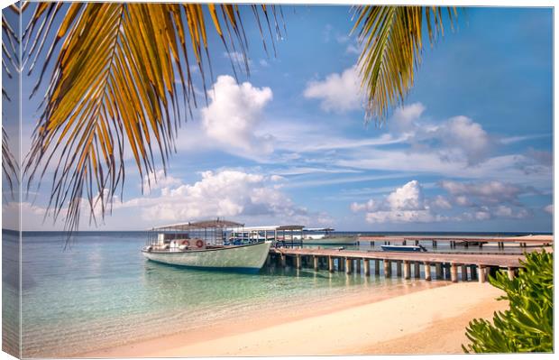 Boat at the jetty near island beach Canvas Print by Jenny Rainbow