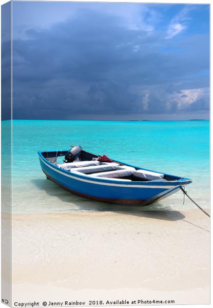 Blue Maldivian boat on the white sand beach Canvas Print by Jenny Rainbow