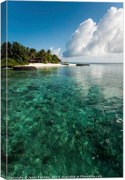 Emerald water of the Maldivian coral reef near isl Canvas Print by Jenny Rainbow