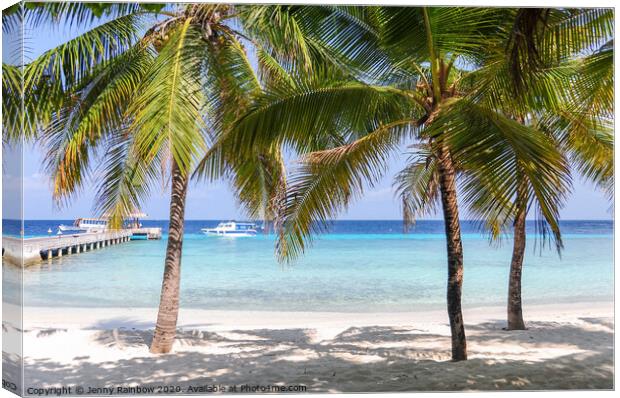 Tropical beach with palms in Maldives Canvas Print by Jenny Rainbow