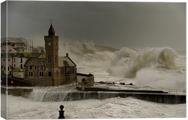 Porthleven battered by huge waves Canvas Print by Steve Cowe