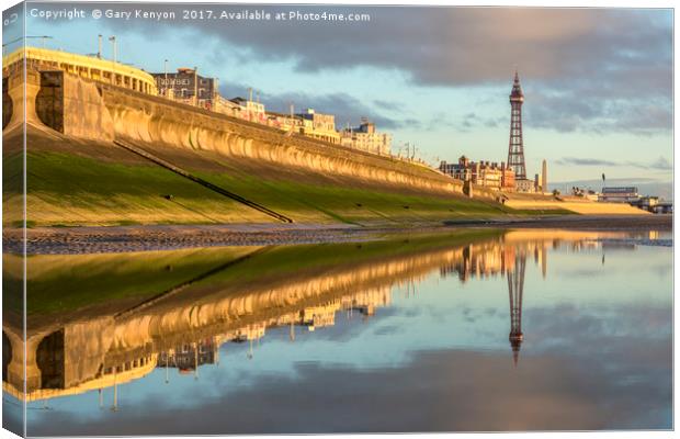 Reflections on the beach at Blackpool Canvas Print by Gary Kenyon
