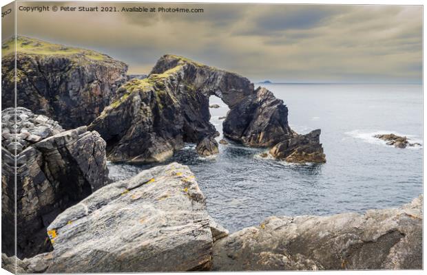 Stac a' Phris rock arch at high tide and sunset, The Isle of Lewis and Harris, Outer Hebrides, Scotland, UK Canvas Print by Peter Stuart
