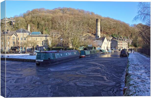 Icy canal at Hebden Bridge Canvas Print by David Birchall
