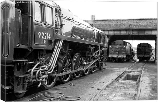  Locomotive 92214 Simmering In The Yard Canvas Print by David Birchall