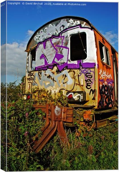 Abandoned railway carriage covered in graffiti. Canvas Print by David Birchall