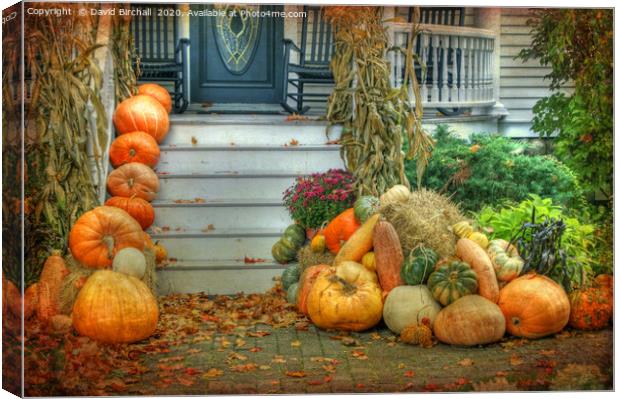 Pumpkins on the porch in Maine, New England. Canvas Print by David Birchall
