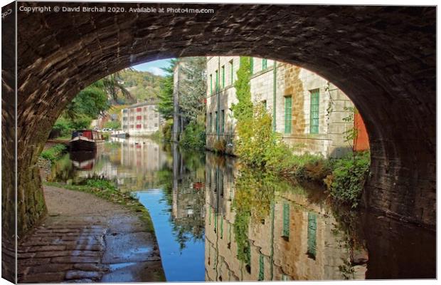Canalside reflections at Hebden Bridge, West Yorks Canvas Print by David Birchall