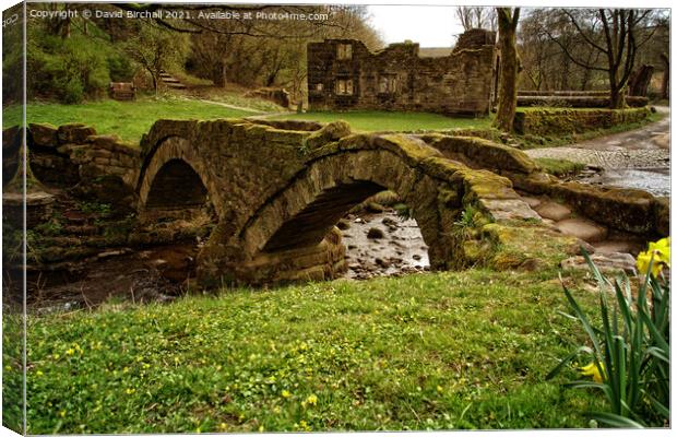 Wycoller packhorse bridge and hall ruins. Canvas Print by David Birchall