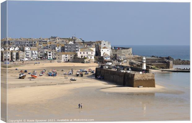 St Ives Beach and Lighthouse in Cornwall Canvas Print by Rosie Spooner