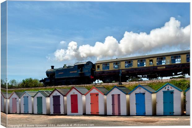 Steam Train Goliath passing the beach huts at Goodrington Beach in Torbay Canvas Print by Rosie Spooner
