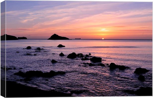 Meadfoot Beach Sunrise looking towards Thatcher Ro Canvas Print by Rosie Spooner