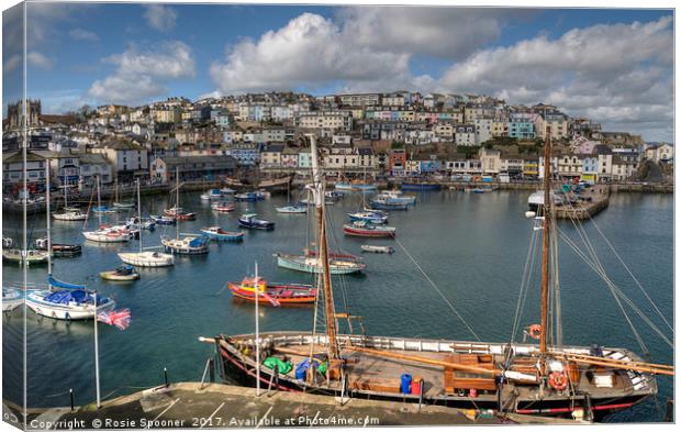 Brixham Harbour View and sailing trawler Canvas Print by Rosie Spooner