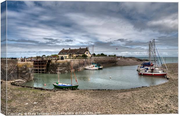 Boats and cottages at Porlock Weir in Somerset Canvas Print by Rosie Spooner