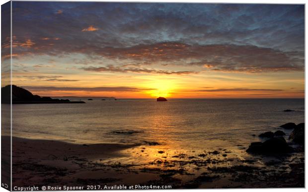 Sunrise over Black Rock at Millendreath Beach Looe Canvas Print by Rosie Spooner