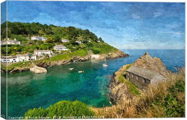 Looking down on Polperro and The Old Net Loft Canvas Print by Rosie Spooner