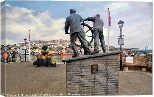 The Man and Boy statue at Brixham Harbour  Canvas Print by Rosie Spooner