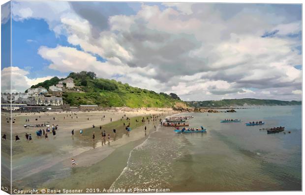 The Gig Regatta in Looe Beach in Cornwall Canvas Print by Rosie Spooner