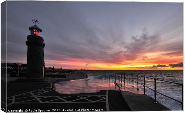 Teignmouth Lighthouse at Sunrise and High Tide Canvas Print by Rosie Spooner