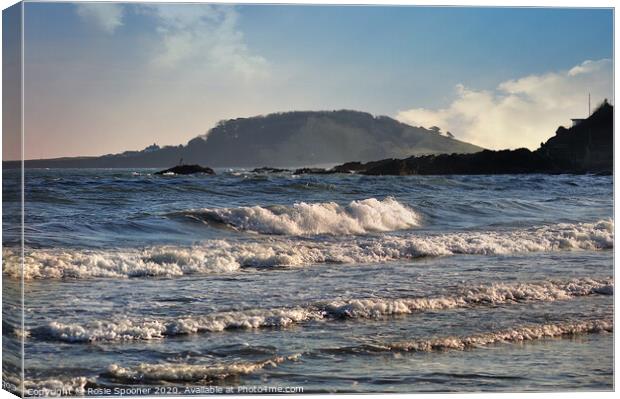Looe island as waves roll in Canvas Print by Rosie Spooner