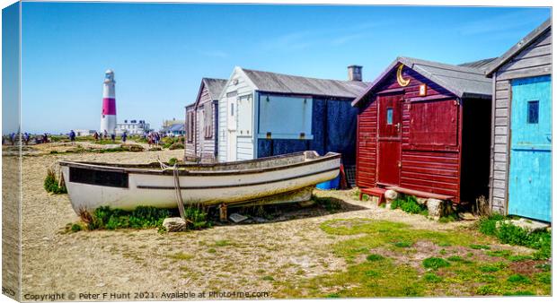 Portland Lighthouse And Beach Huts  Canvas Print by Peter F Hunt