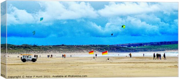 Kite Flying At Gwithian Sands Canvas Print by Peter F Hunt