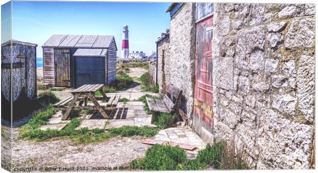Portland Bill Fishermen's Huts And Lighthouse Canvas Print by Peter F Hunt