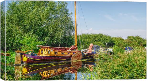 Barge Reflections On The Canal Canvas Print by Peter F Hunt