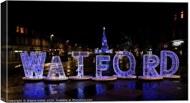 Watford Town Sign Lights at Christmas Canvas Print by Wayne Usher