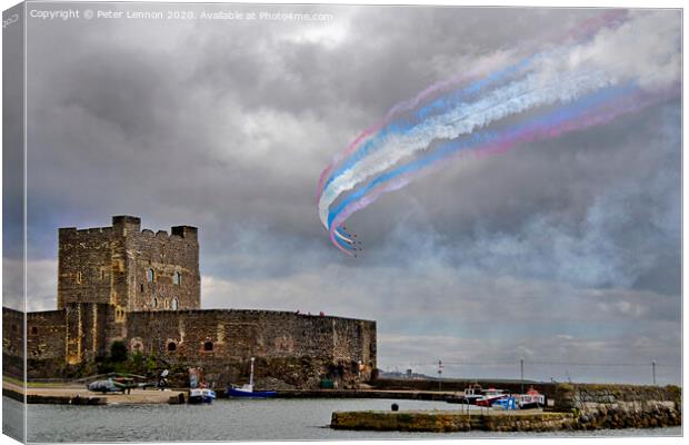 RAF Red Arrows flypast at Carrickfergus Castle Canvas Print by Peter Lennon