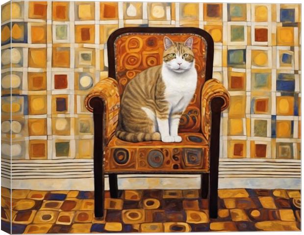 Cat On A Chair Inspired by Klimt Canvas Print by Anne Macdonald