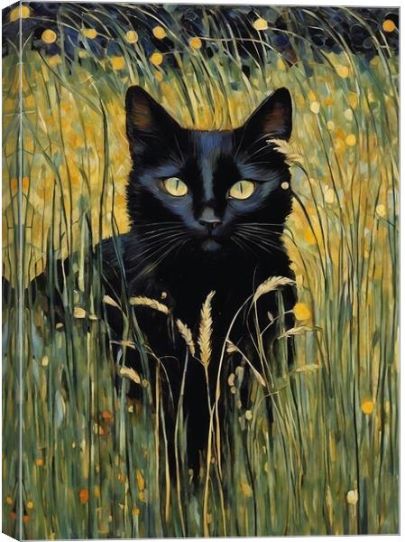 Black Cat Among Grass Canvas Print by Anne Macdonald