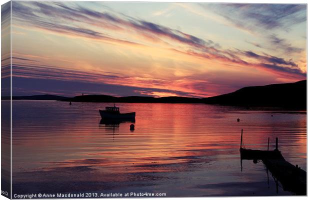 Boat In Sunset At Trondra, Shetland. Canvas Print by Anne Macdonald