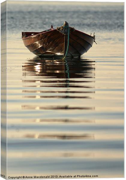 Small Boat Reflecting At Moorings Canvas Print by Anne Macdonald