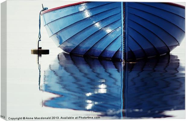 Small Blue Boat At Moorings Canvas Print by Anne Macdonald