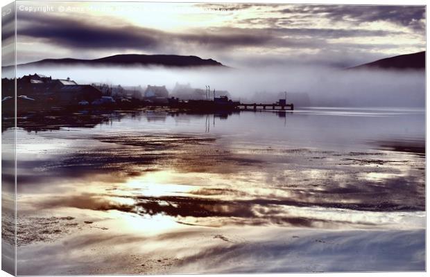 Early Morning Mist Over The Village of Scalloway,  Canvas Print by Anne Macdonald