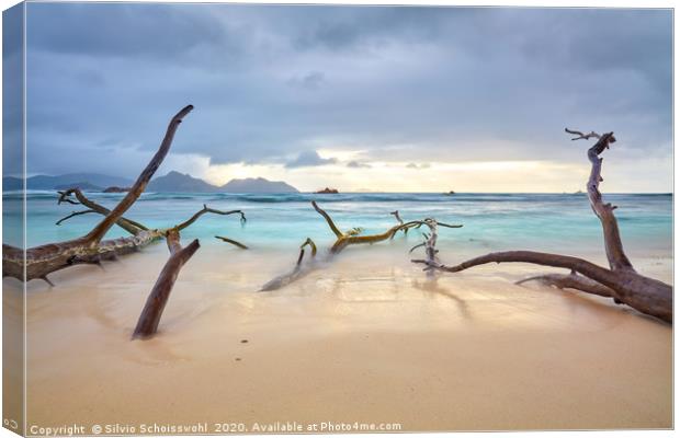 Clouds over a natural sandy beach on La Digue Canvas Print by Silvio Schoisswohl